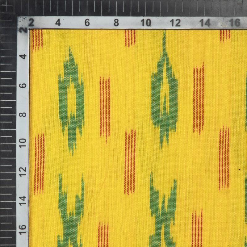 Yellow And Green Geometric Pattern Woven Pre-Washed Cotton Ikat Fabric - Fabcurate