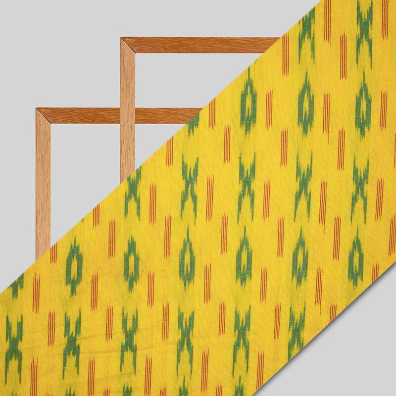 Yellow And Green Geometrical Pattern Woven Pre-Washed Cotton Ikat Fabric