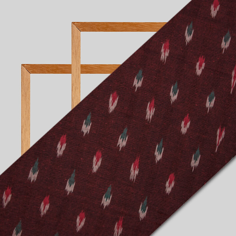 Maroon Abstract Pattern Woven Pre-Washed Cotton Ikat Fabric