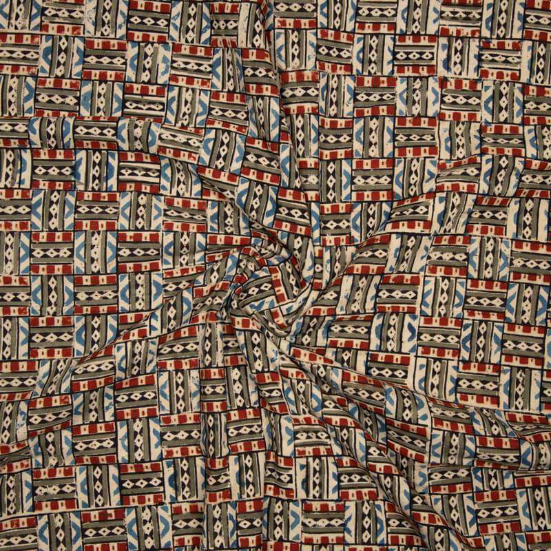 Red And Blue Geometrical Pattern Kalamkari Print Handblock Cotton Fabric - Fabcurate