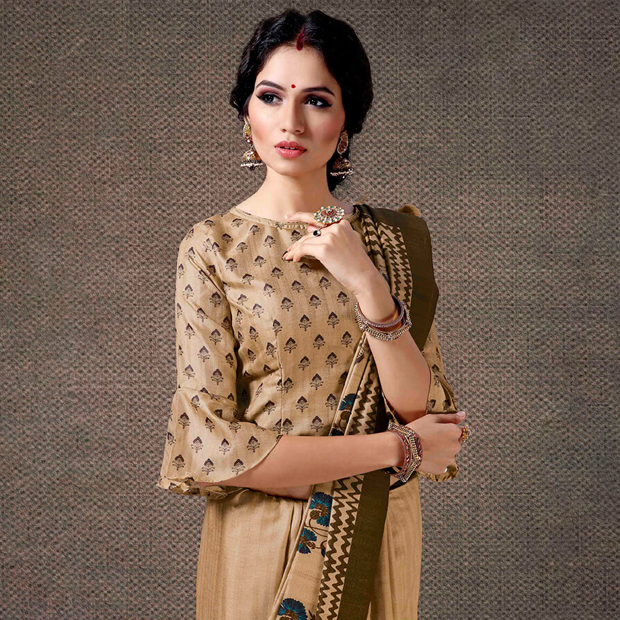 Beige And Mehandi Green Floral Pattern Digital Printed Art Tussar Silk Saree With Tassels - Fabcurate