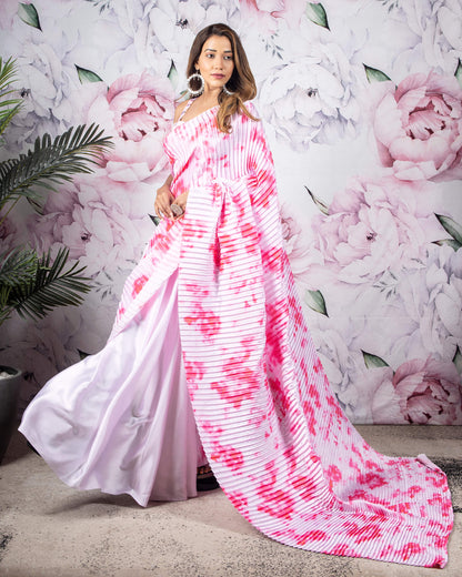 Pink Plain Half Digital Print Pleated Japan Satin Saree