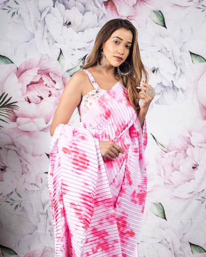 Pink Plain Half Digital Print Pleated Japan Satin Saree