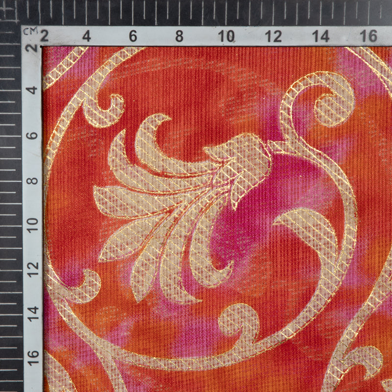 Orange And Dark Pink Ethnic Work Kota Doria Foil Fabric