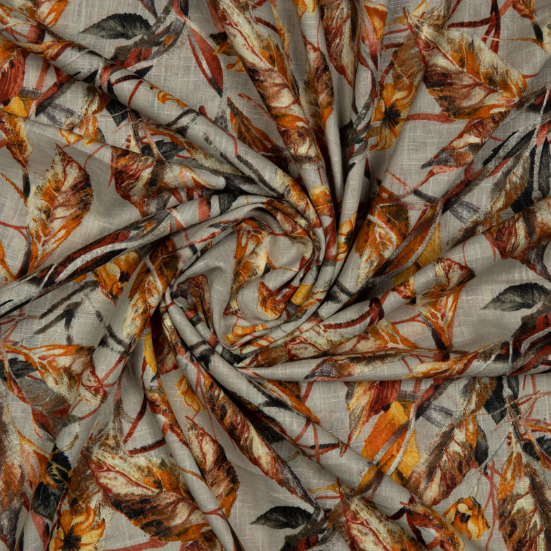 Grey And Brown Leaf Pattern Cotton Slub Fabric