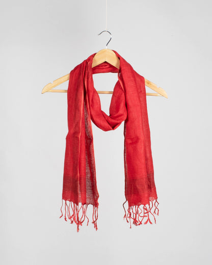Red Plain Woven Bhagalpuri Viscose Linen Stole With Tassels - Fabcurate
