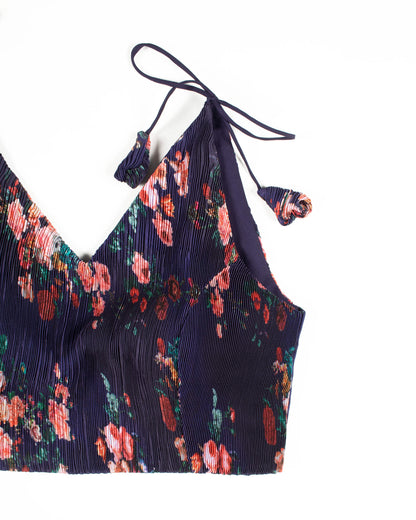 Floral Pleated Satin Spaghetti Tie Up Blouse
