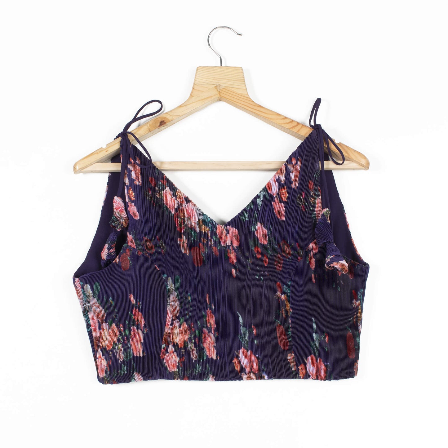 Floral Pleated Satin Spaghetti Tie Up Blouse