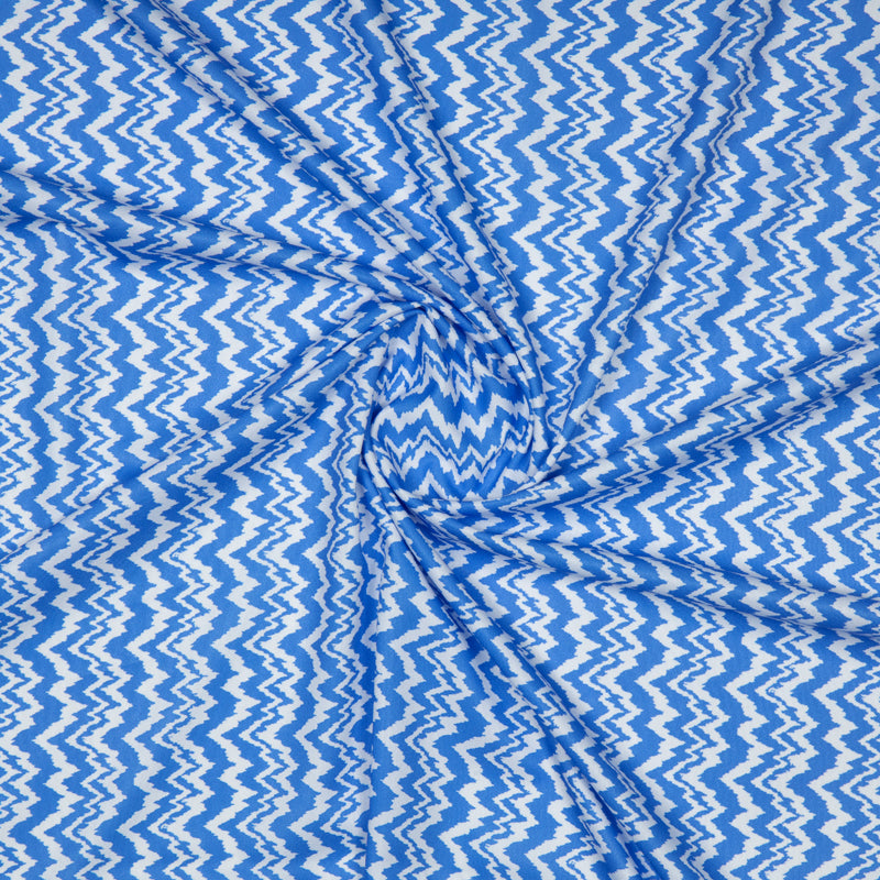 Pastel Blue Zig-Zag Digital Print American Crepe Fabric - Fabcurate