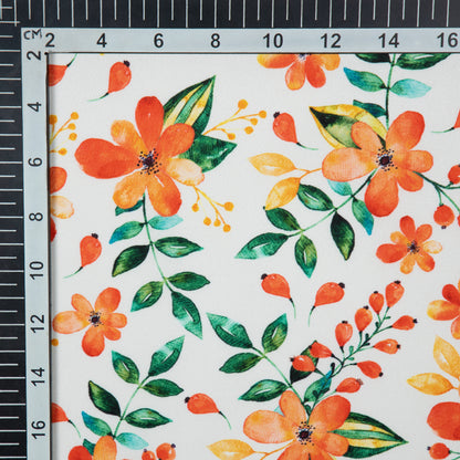 Orange And Green Floral Digital Print American Crepe Fabric - Fabcurate