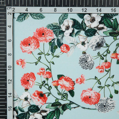 Teal Floral Digital Print American Crepe Fabric - Fabcurate