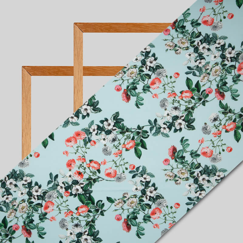 Teal Floral Digital Print American Crepe Fabric - Fabcurate