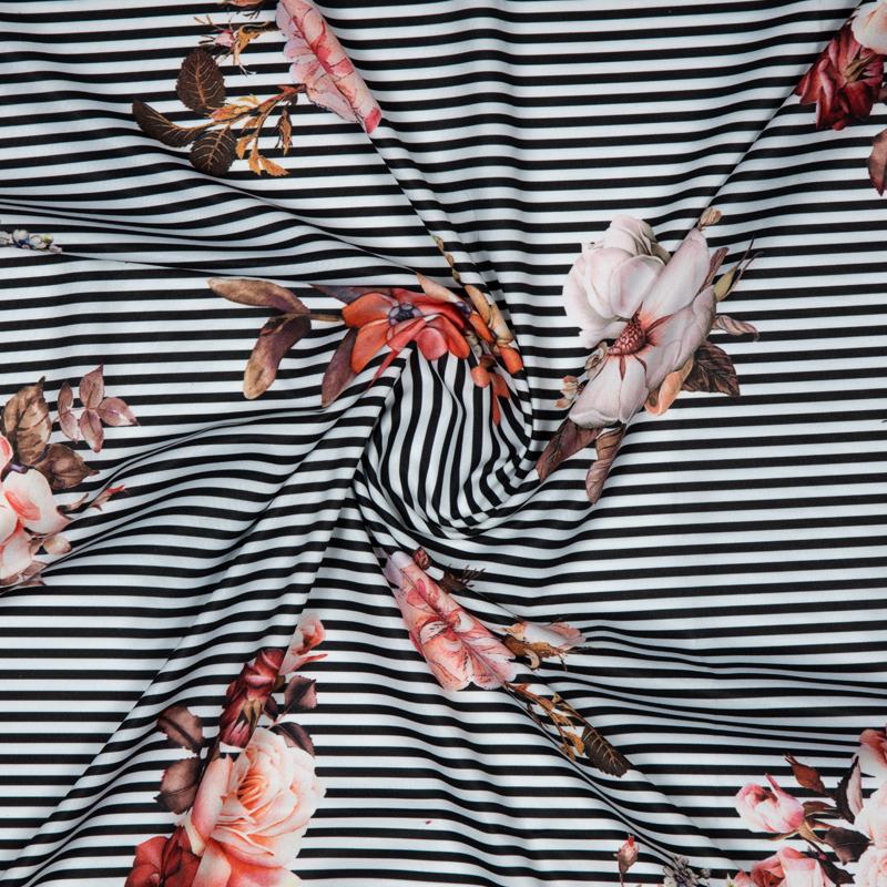 Black And White Stripes Floral Digital Print American Crepe Fabric - Fabcurate