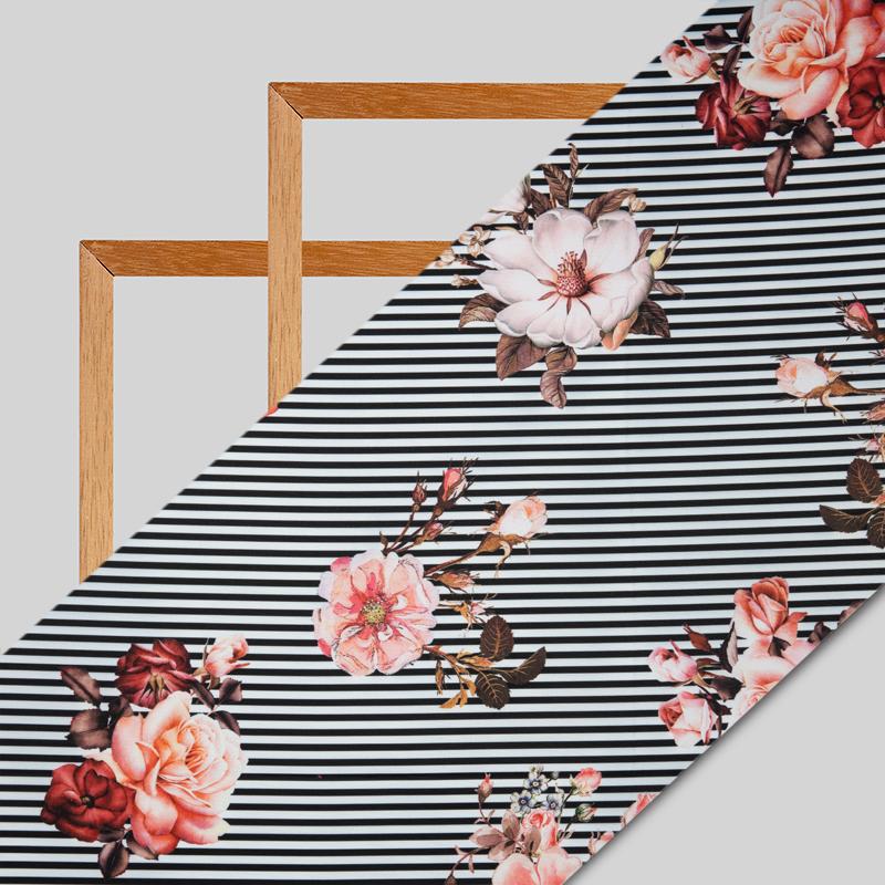 Black And White Stripes Floral Digital Print American Crepe Fabric - Fabcurate