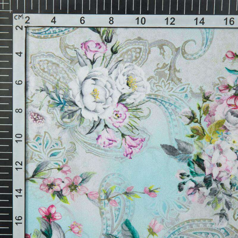 Pastel Blue Floral Digital Print American Crepe Fabric - Fabcurate