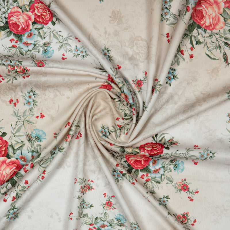 Light Beige And Red Floral Digital Print American Crepe Fabric - Fabcurate