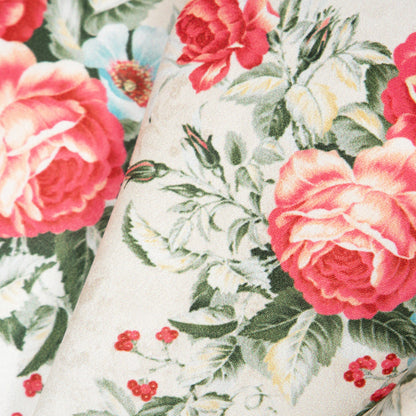 Light Beige And Red Floral Digital Print American Crepe Fabric - Fabcurate