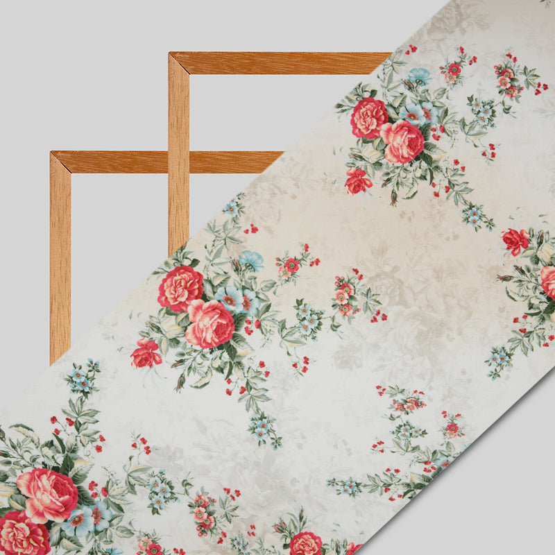 Light Beige And Red Floral Digital Print American Crepe Fabric - Fabcurate