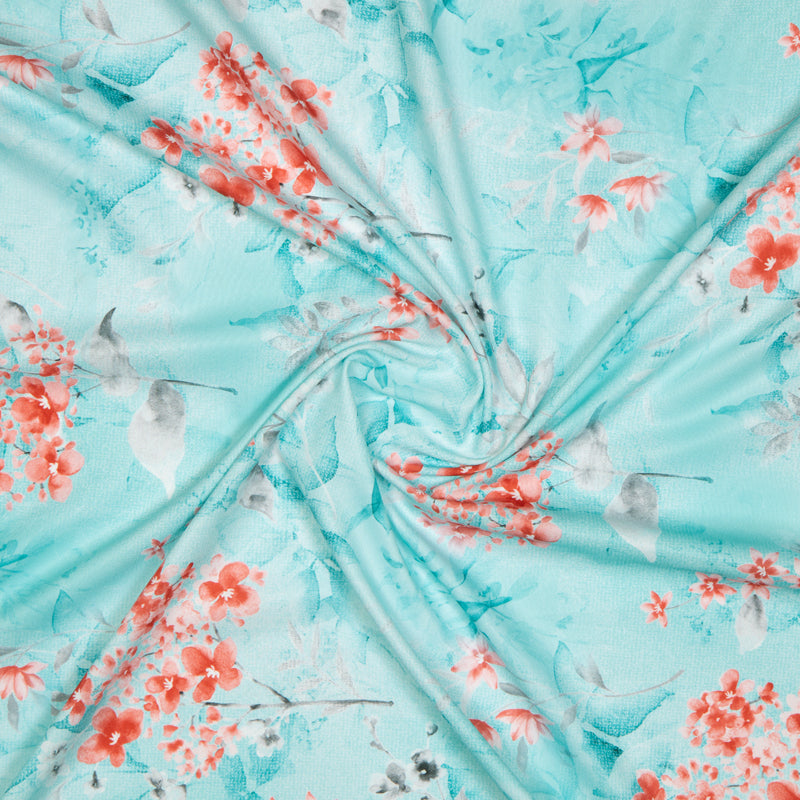 Pastel Blue Floral Digital Print American Crepe Fabric - Fabcurate
