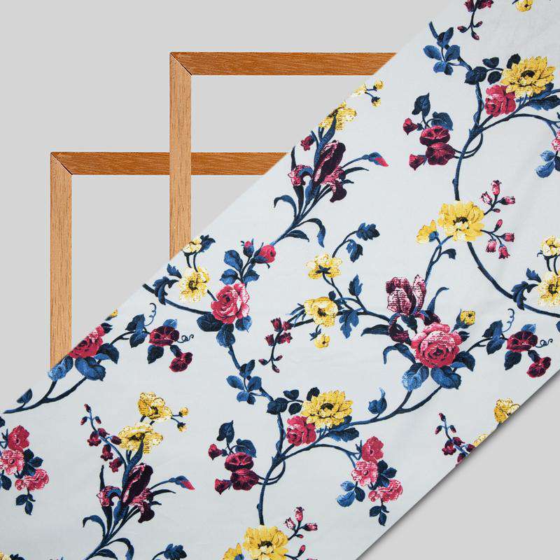 Light Grey Floral Digital Print American Crepe Fabric - Fabcurate