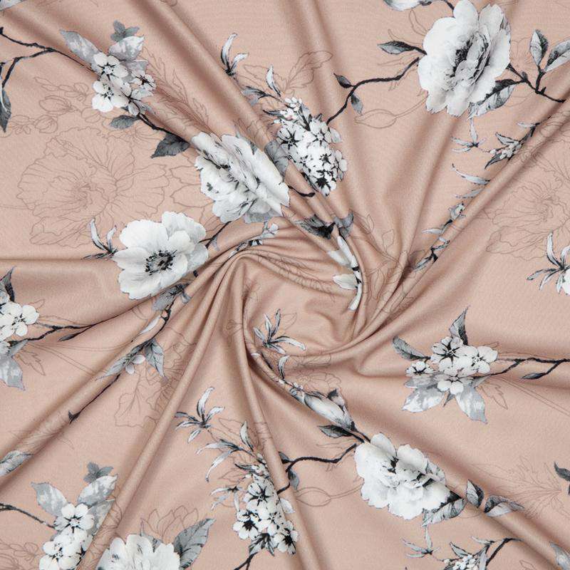 Light Brown Floral Digital Print American Crepe Fabric - Fabcurate