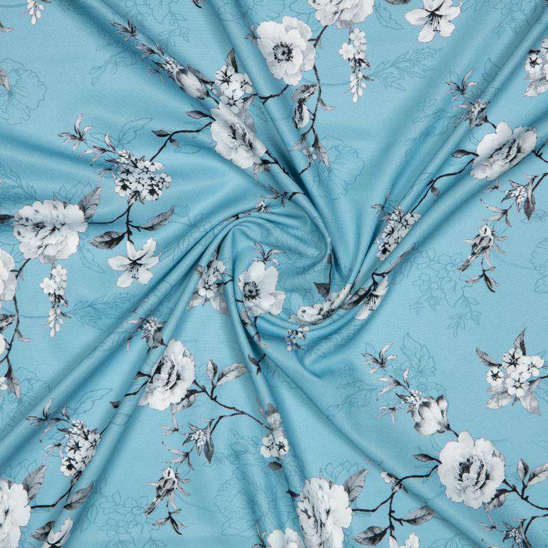 Sky Blue Floral Digital Print American Crepe Fabric - Fabcurate