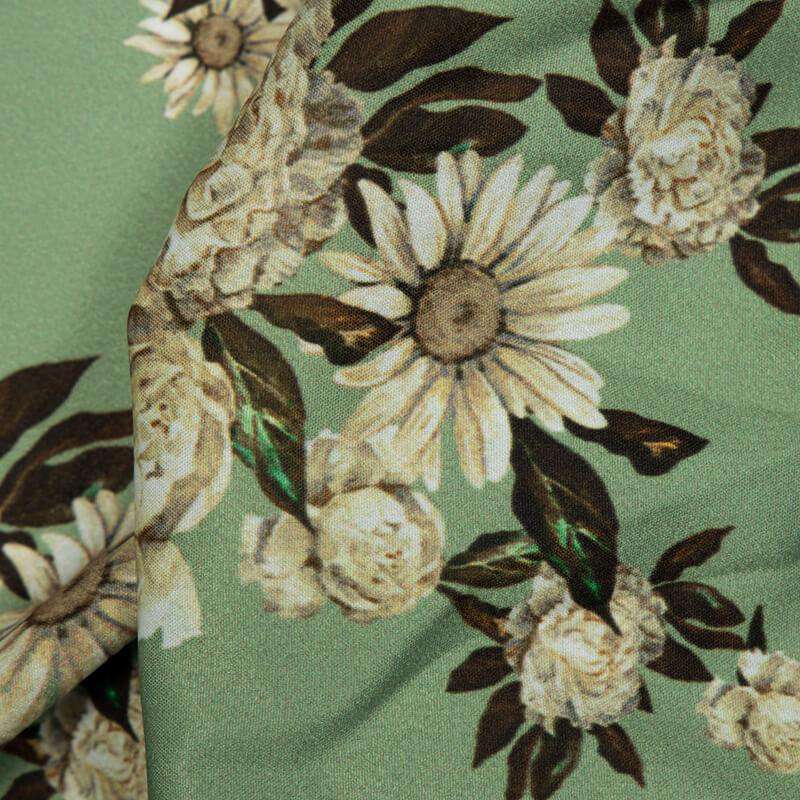 Olive Floral Digital Print American Crepe Fabric - Fabcurate