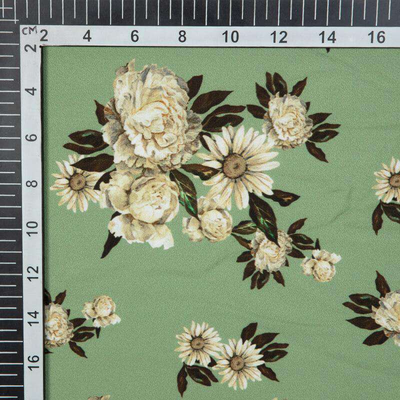 Olive Floral Digital Print American Crepe Fabric - Fabcurate
