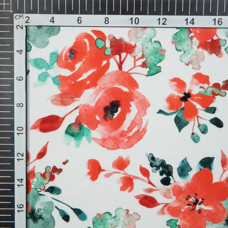White And Red Floral Digital Print American Crepe Fabric - Fabcurate