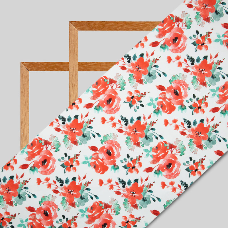 White And Red Floral Digital Print American Crepe Fabric - Fabcurate
