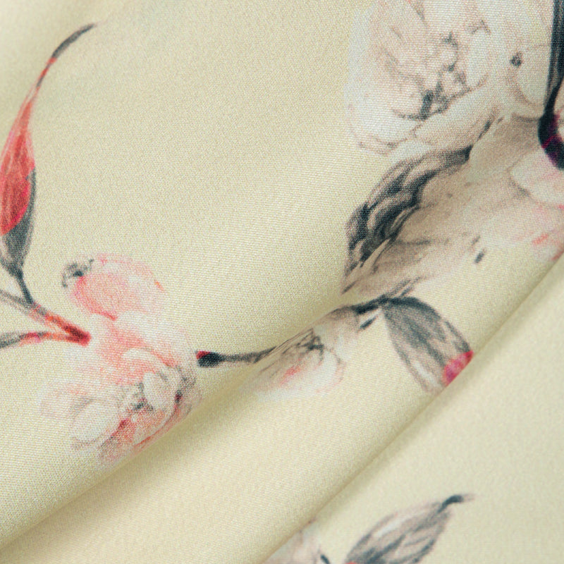 Light Beige And Pink Floral Digital Print American Crepe Fabric - Fabcurate