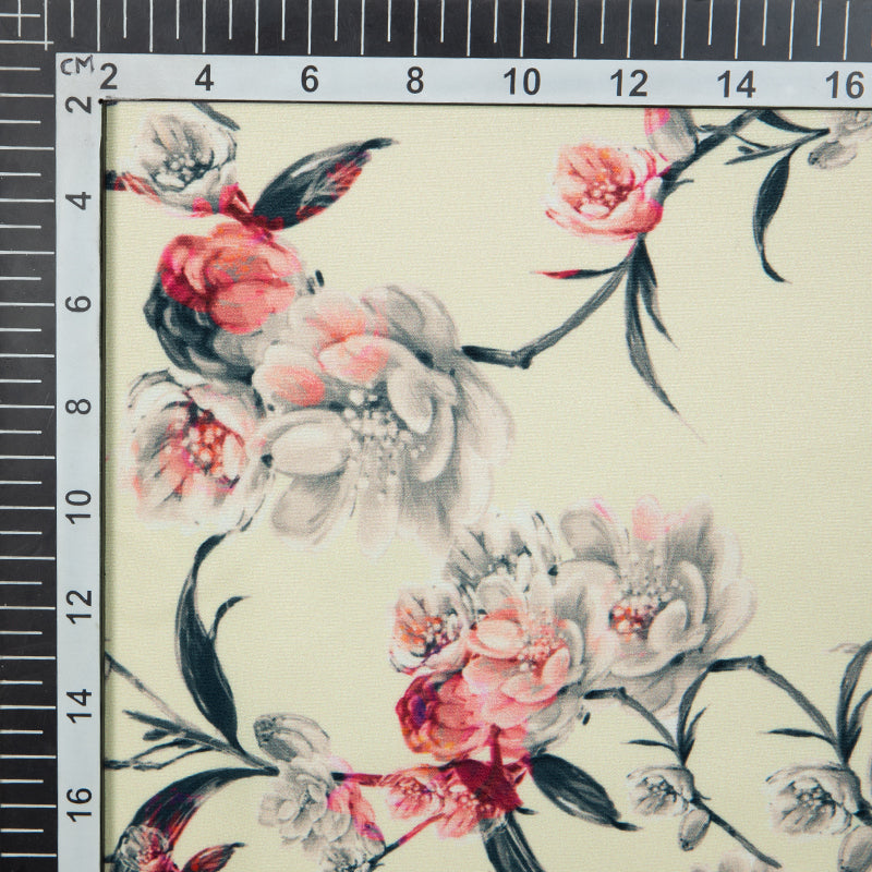 Light Beige And Pink Floral Digital Print American Crepe Fabric - Fabcurate