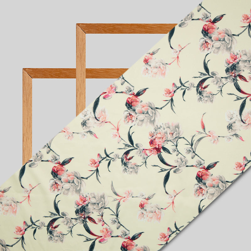 Light Beige And Pink Floral Digital Print American Crepe Fabric - Fabcurate