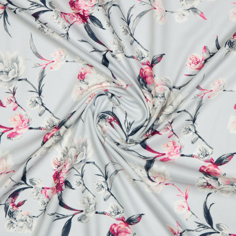 Grey And Pink Floral Digital Print American Crepe Fabric - Fabcurate