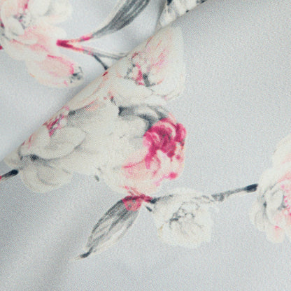 Grey And Pink Floral Digital Print American Crepe Fabric - Fabcurate