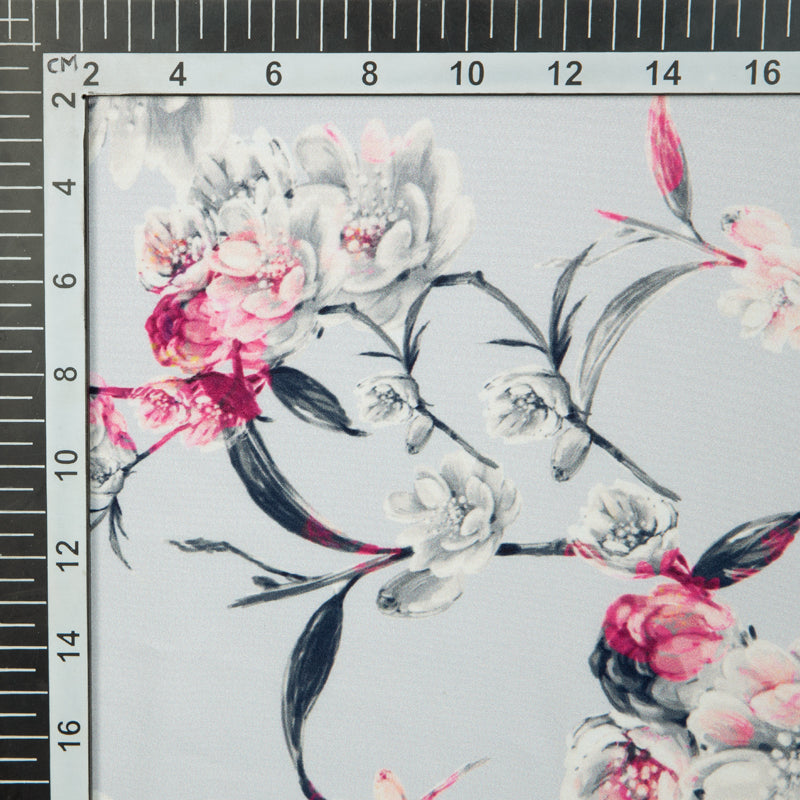 Grey And Pink Floral Digital Print American Crepe Fabric - Fabcurate