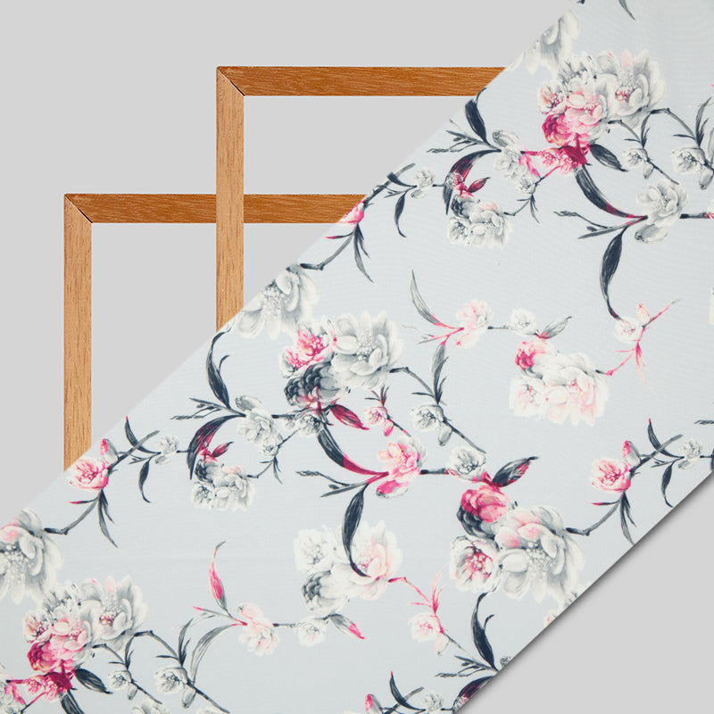 Grey And Pink Floral Digital Print American Crepe Fabric - Fabcurate