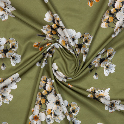 Olive Floral Digital Print American Crepe Fabric - Fabcurate