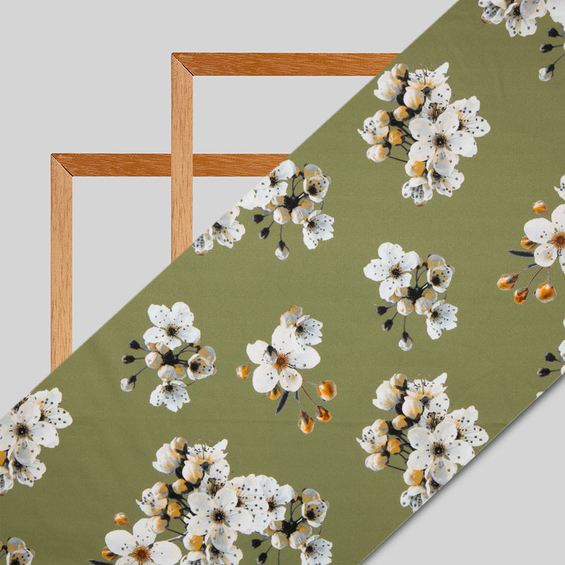 Olive Floral Digital Print American Crepe Fabric - Fabcurate