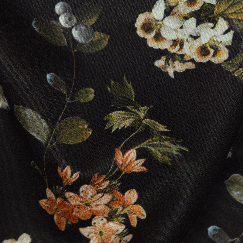 Black And Peach Floral Digital Print American Crepe Fabric