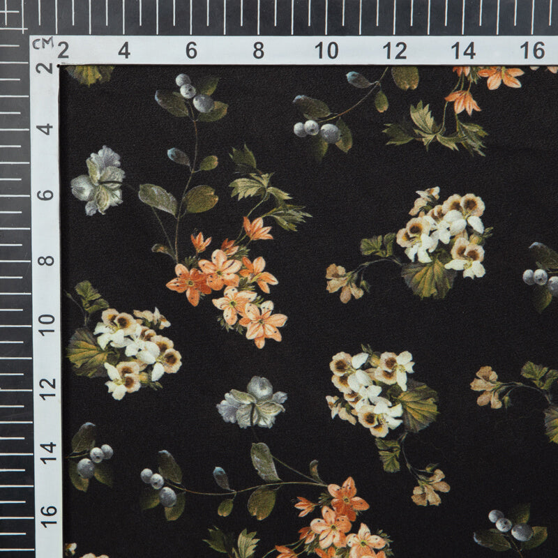 Black And Peach Floral Digital Print American Crepe Fabric