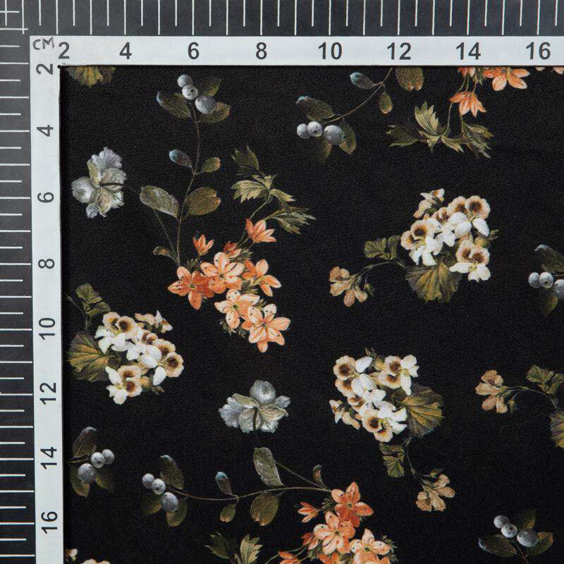 Black And Peach Floral Digital Print American Crepe Fabric - Fabcurate