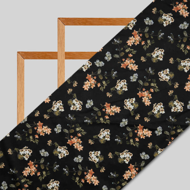 Black And Peach Floral Digital Print American Crepe Fabric - Fabcurate