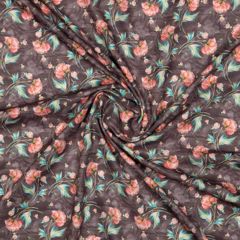 Brown And Pink Floral Digital Print American Crepe Fabric - Fabcurate