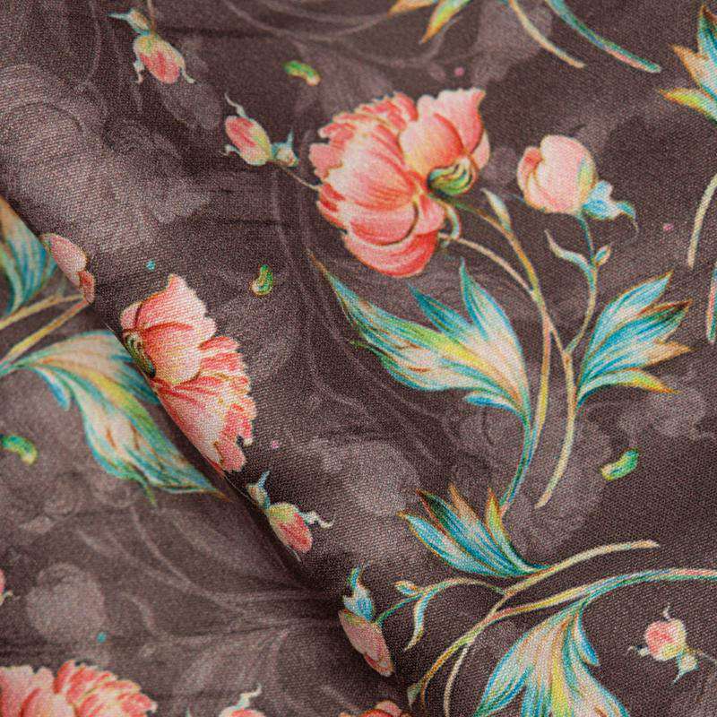 Brown And Pink Floral Digital Print American Crepe Fabric - Fabcurate