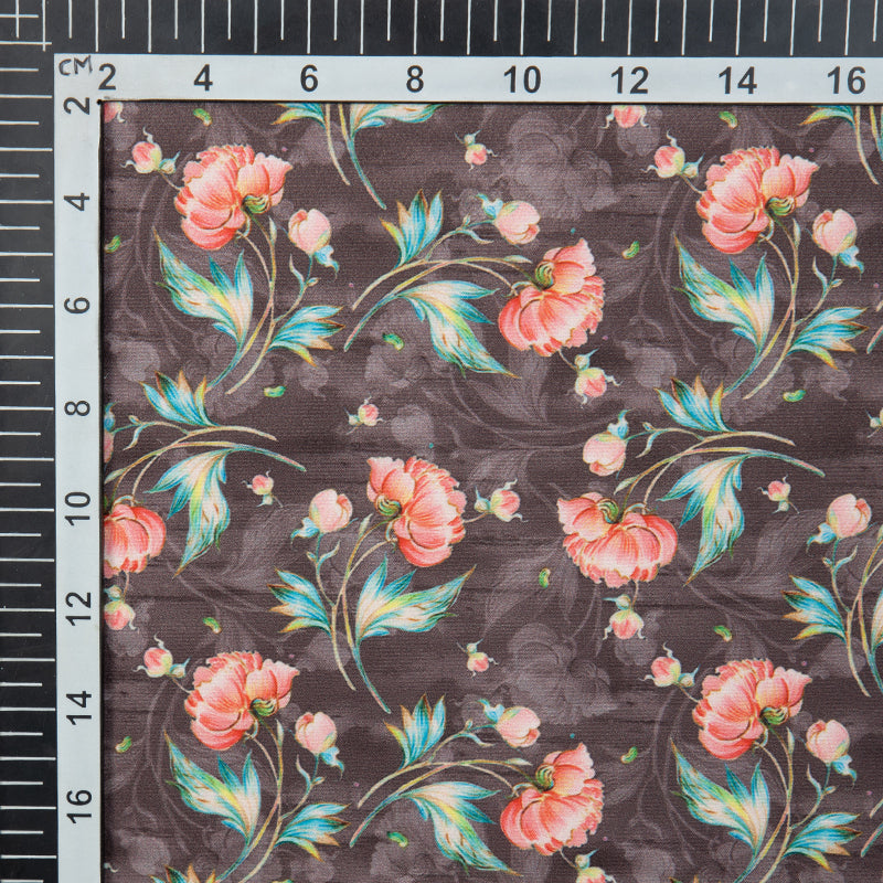 Brown And Pink Floral Digital Print American Crepe Fabric - Fabcurate