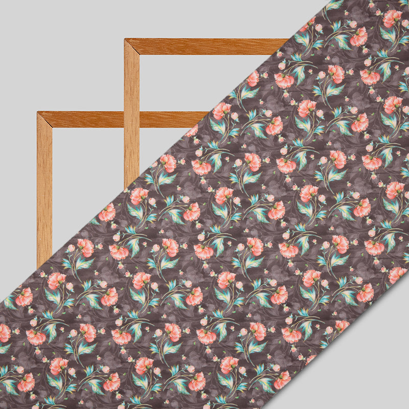 Brown And Pink Floral Digital Print American Crepe Fabric - Fabcurate