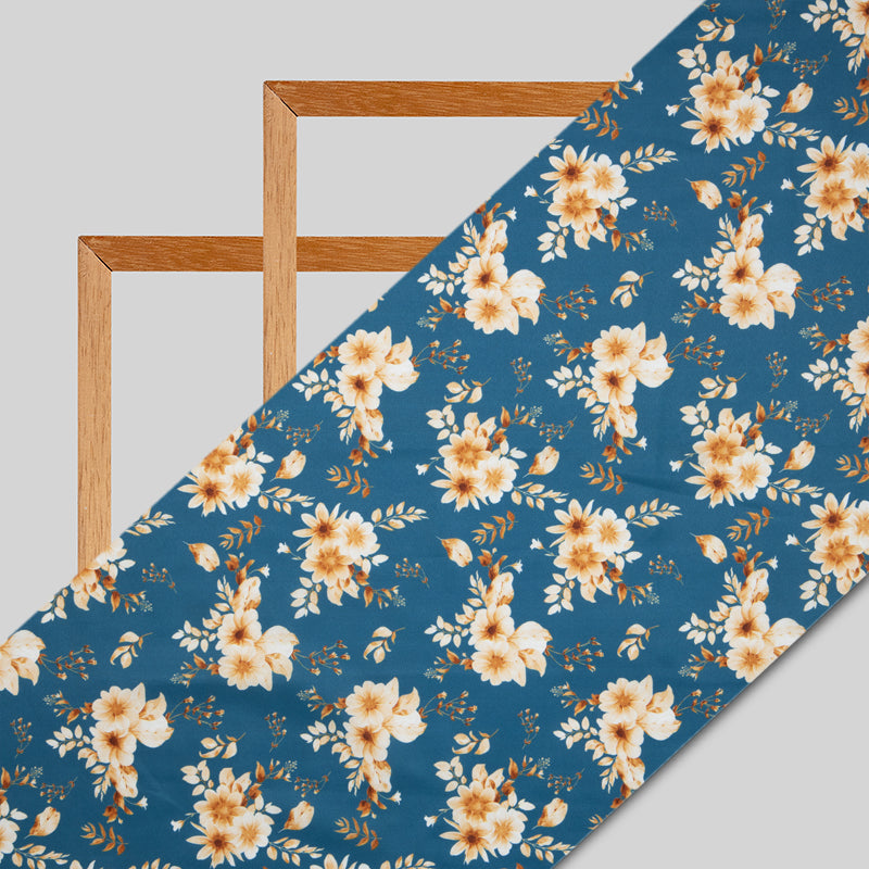 Royal Blue Floral Digital Print American Crepe Fabric - Fabcurate