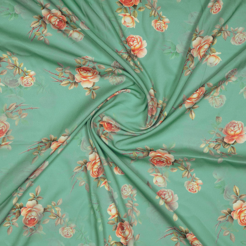 Teal Floral Digital Print American Crepe Fabric