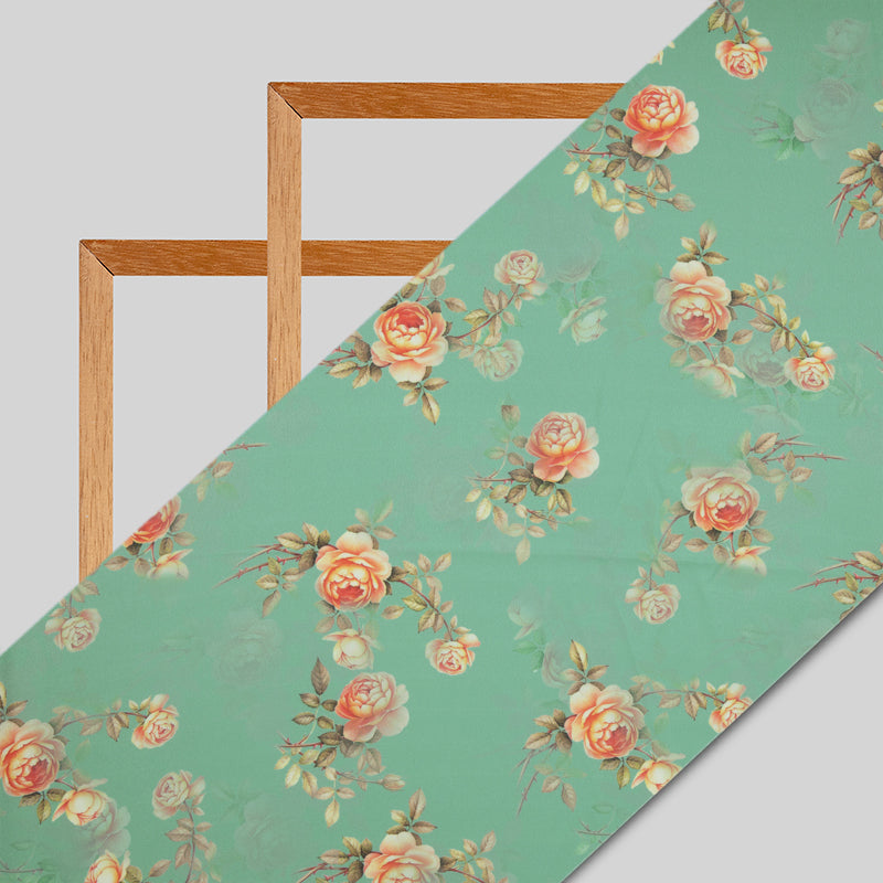 Teal Floral Digital Print American Crepe Fabric